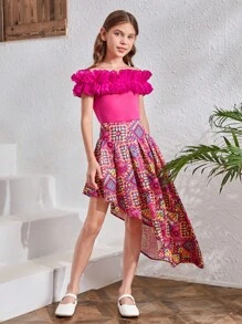 SHEIN Tween Girls' One-Shoulder 3d Ruffle Trim Top & Asymmetrical Hem Skirt Set - Hot Pink - View 5