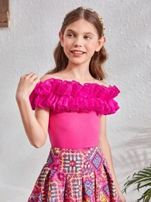 SHEIN Tween Girls' One-Shoulder 3d Ruffle Trim Top & Asymmetrical Hem Skirt Set - Hot Pink - View 6