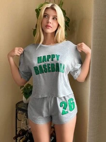 Miss Vinta Letter Graphic Drop Shoulder Top & Shorts Lounge Set Outfit