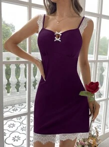 SHEIN 蕾絲拼接前蝴蝶結睡裙 - 紫色 - 查看 3