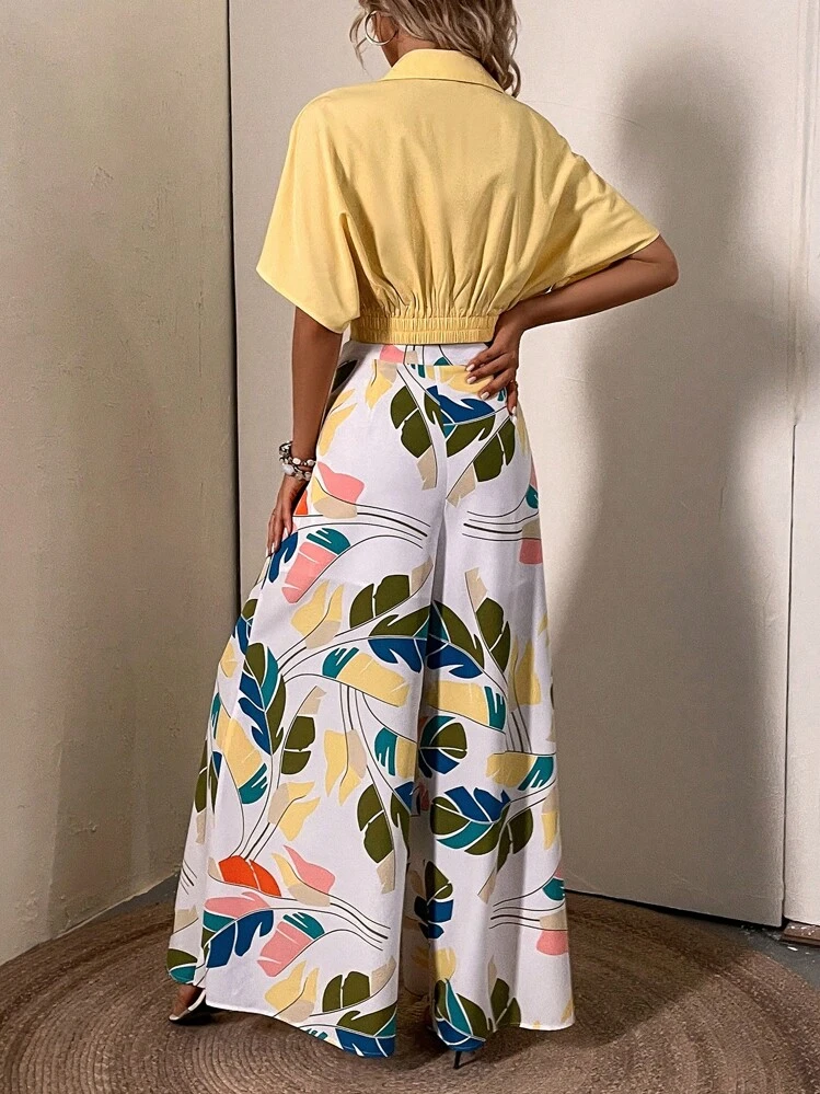 SHEIN VCAY Batwing Sleeve Crop Top & Tropical Print Wide Leg Pants - Multicolor - View 2