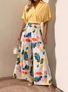 SHEIN VCAY 蝙蝠袖短款上衣和熱帶圖案闊腿褲 - 彩色 - 查看 3