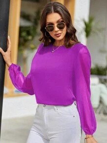 EMERY ROSE 素色後鎖孔燈籠袖襯衫 - 紫色 - 查看 3