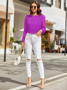 EMERY ROSE 素色後鎖孔燈籠袖襯衫 - 紫色 - 查看 5