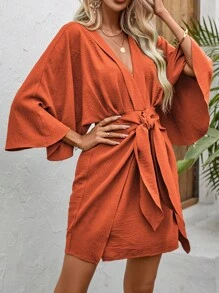 SHEIN Clasi Batwing Sleeve Belted Dress - Orange - View 3