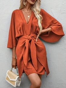 SHEIN Clasi Batwing Sleeve Belted Dress - Orange - View 5