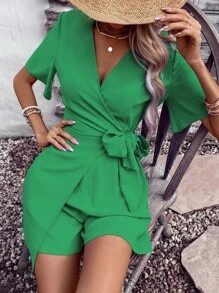 SHEIN LUNE Áo liền quần nữ Thắt nút Trọn gói màu trơn Giải trí - màu xanh lá - Xem 1