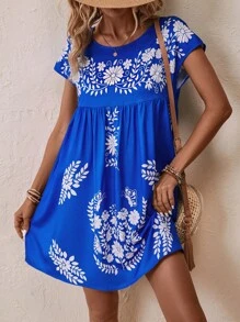 SHEIN VCAY 印花蝙蝠袖娃娃裙 - 藍色 - 查看 2