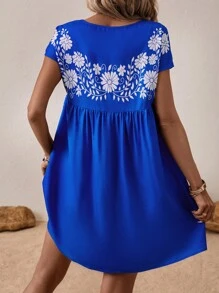 SHEIN VCAY 印花蝙蝠袖娃娃裙 - 藍色 - 查看 3