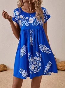 SHEIN VCAY 印花蝙蝠袖娃娃裙 - 藍色 - 查看 1