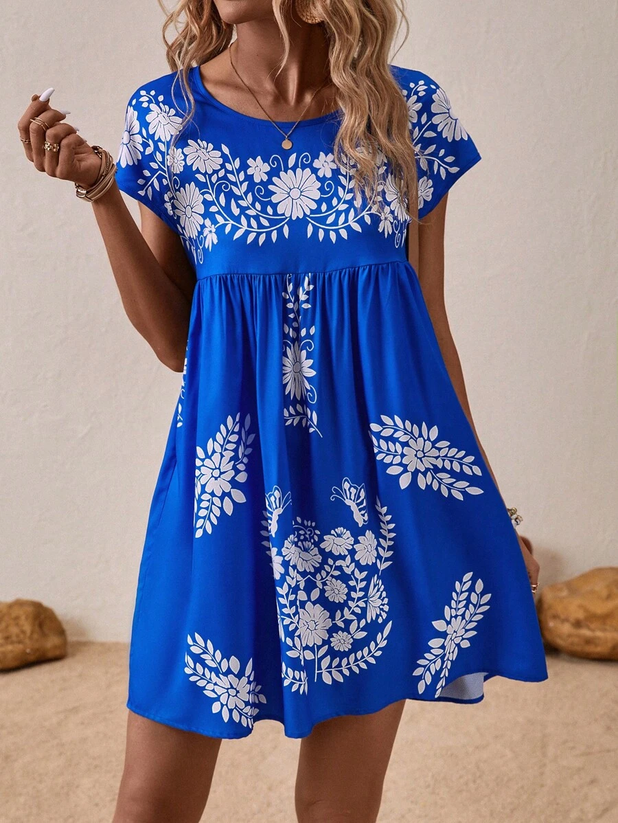 SHEIN VCAY 印花蝙蝠袖娃娃裙 - 藍色 - 查看 1