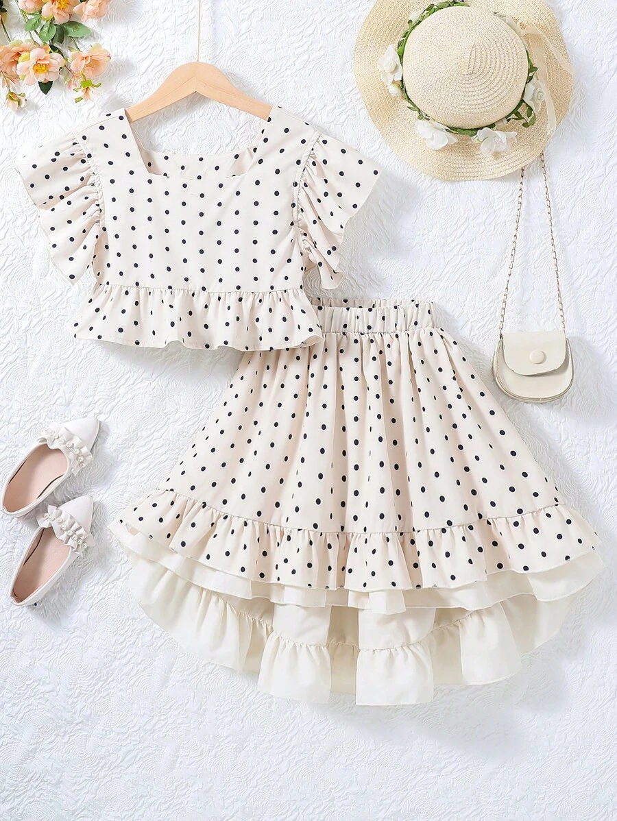 女孩波點圖案荷葉邊上衣&層疊下擺裙子套裝 - 米色 - 查看 1