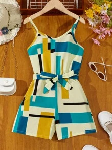 SHEIN Tween Girls' Casual Vacation Multicolor Geometric Print Strap Overall Shorts - Multicolor - View 1