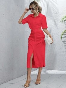 SHEIN LUNE Đầm Cắt ra Xù Nút phía trước màu trơn Giải trí - Đỏ - Xem 1