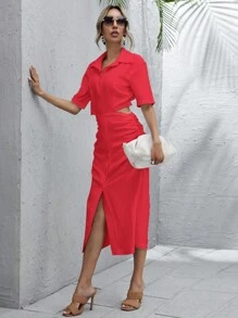 SHEIN LUNE Đầm Cắt ra Xù Nút phía trước màu trơn Giải trí - Đỏ - Xem 4