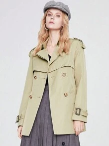 JAZZEVAR Buckle Strap Cuff Double Breasted Belted Trench Coat - Khaki - View 1
