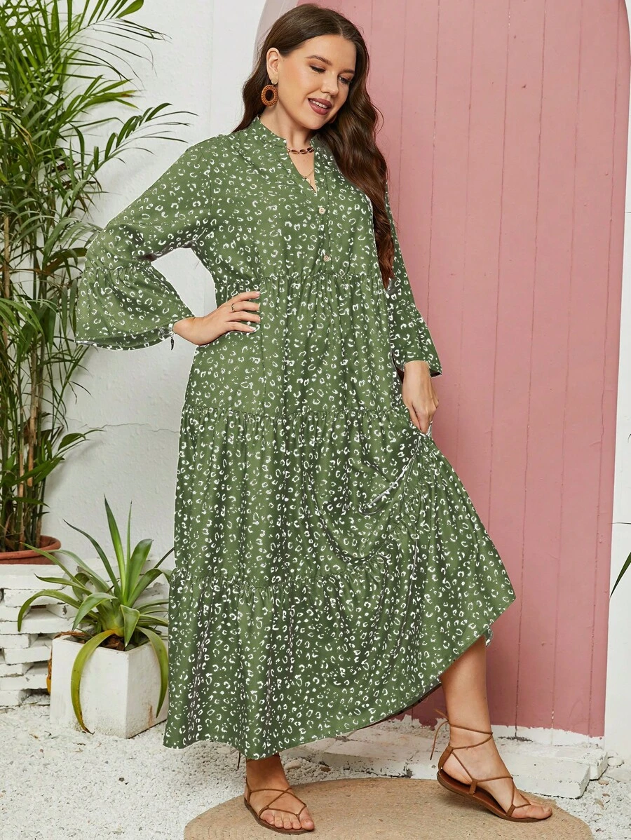 Mulvari 大碼豹紋印花荷葉邊連衣裙 - 綠色 - 查看 1
