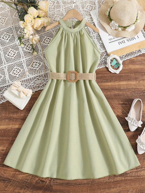 SHEIN Kids FANZEY Girls Solid Belted Halter Dress SHEIN USA