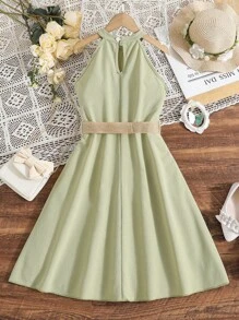 Tween Girl Solid Belted Halter Dress - Mint Green - View 2