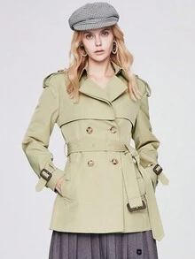 JAZZEVAR Buckle Strap Cuff Double Breasted Belted Trench Coat - Khaki - View 4