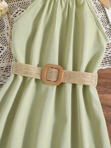 Tween Girl Solid Belted Halter Dress - Mint Green - View 5