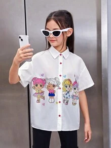 SHEIN 女孩卡通圖案落肩袖襯衫 - 白色 - 查看 4