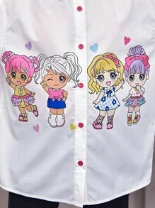 SHEIN 女孩卡通圖案落肩袖襯衫 - 白色 - 查看 5