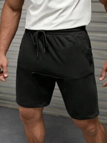 Manfinity VCAY 男士素色腰部抽繩短褲 - 黑色 - 查看 1