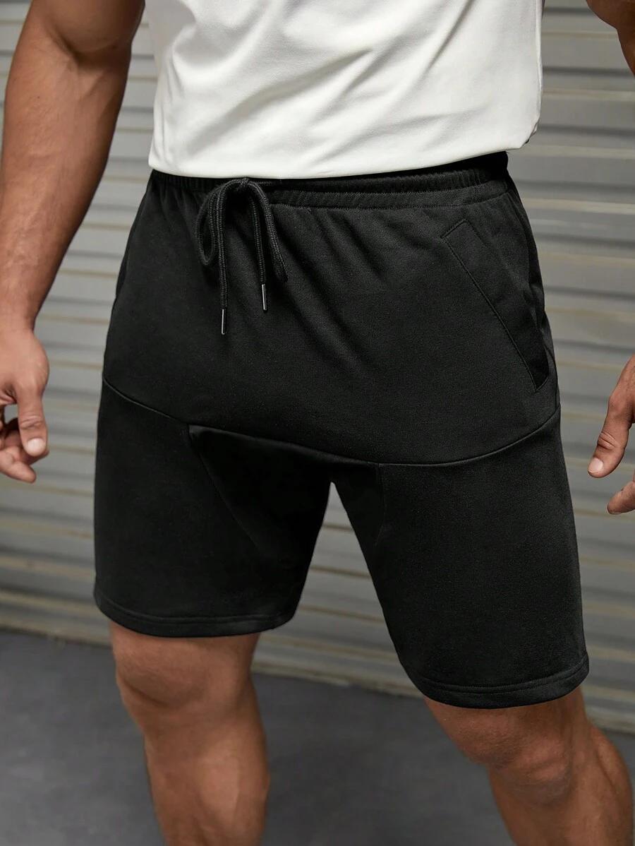 Manfinity VCAY 男士素色腰部抽繩短褲 - 黑色 - 查看 1