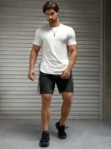 Manfinity VCAY 男士素色腰部抽繩短褲 - 黑色 - 查看 5