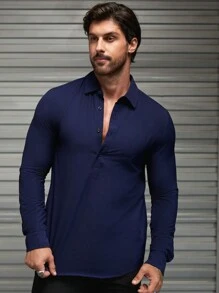 Manfinity NXTstreet Nam Chất rắn Nút phía trước Áo sơ mi - Màu xanh hải quân - Xem 3