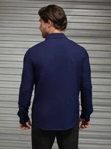 Manfinity NXTstreet Nam Chất rắn Nút phía trước Áo sơ mi - Màu xanh hải quân - Xem 2