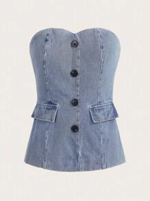 SHEIN MOD 翻蓋細節前紐扣抹胸牛仔上衣 - 淺色水洗藍 - 查看 1