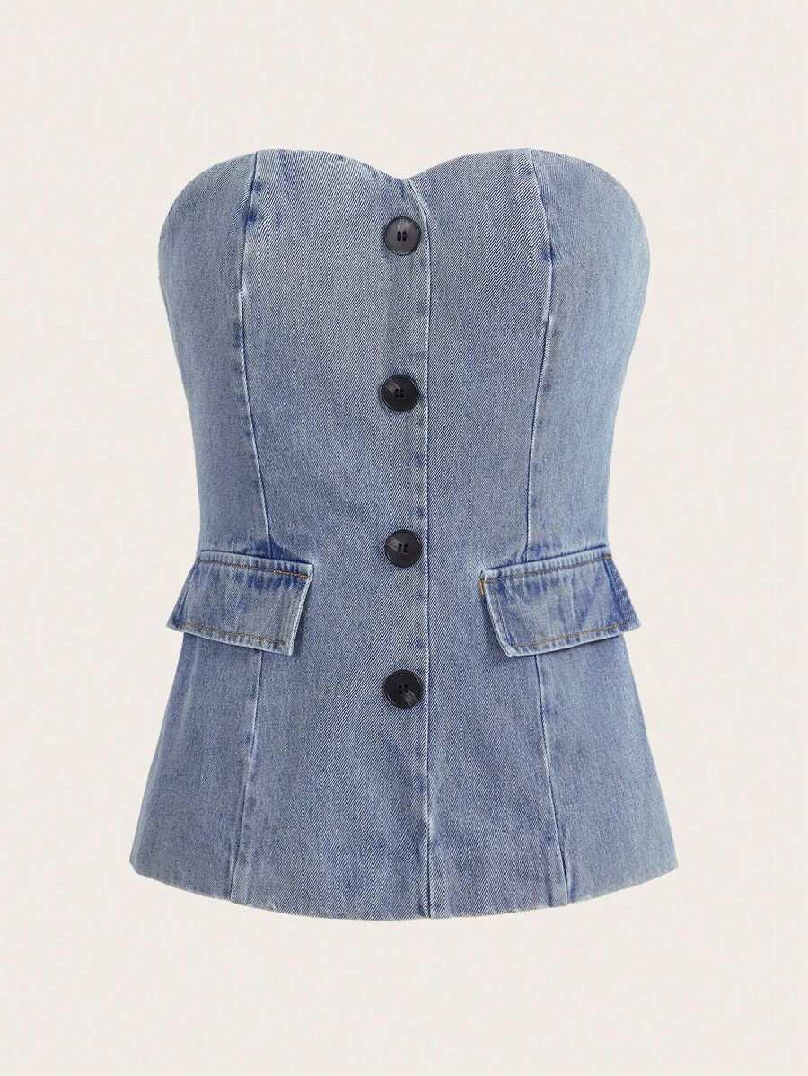 SHEIN MOD 翻蓋細節前紐扣抹胸牛仔上衣 - 淺色水洗藍 - 查看 1