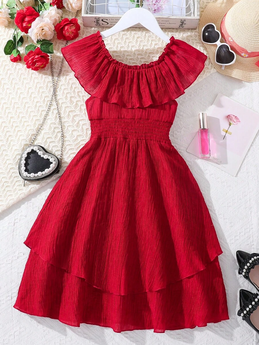 Chicas Vestido ribete con fruncido bajo a capas - Rojo - Ver 1