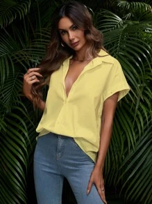SHEIN Essnce Camisa unicolor con abertura de hombros caídos con botón delantero