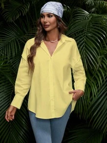 SHEIN Essnce Camisa unicolor con abertura de hombros caídos con botón delantero