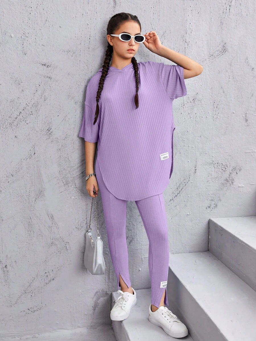 SHEIN Leap Crew Teen Girls Letter Patched Drop Shoulder Split Hem Tee & Leggings - Lilac Purple - View 1
