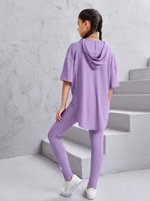 SHEIN Leap Crew Teen Girls Letter Patched Drop Shoulder Split Hem Tee & Leggings - Lilac Purple - View 2