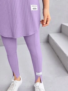 SHEIN Leap Crew Teen Girls Letter Patched Drop Shoulder Split Hem Tee & Leggings - Lilac Purple - View 4