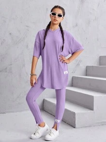 SHEIN Leap Crew Teen Girls Letter Patched Drop Shoulder Split Hem Tee & Leggings - Lilac Purple - View 7