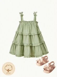 Cozy Pixies Baby Girl Bow Detail Ruffle Trim Layer Hem Cami Dress - Mint Green - View 1