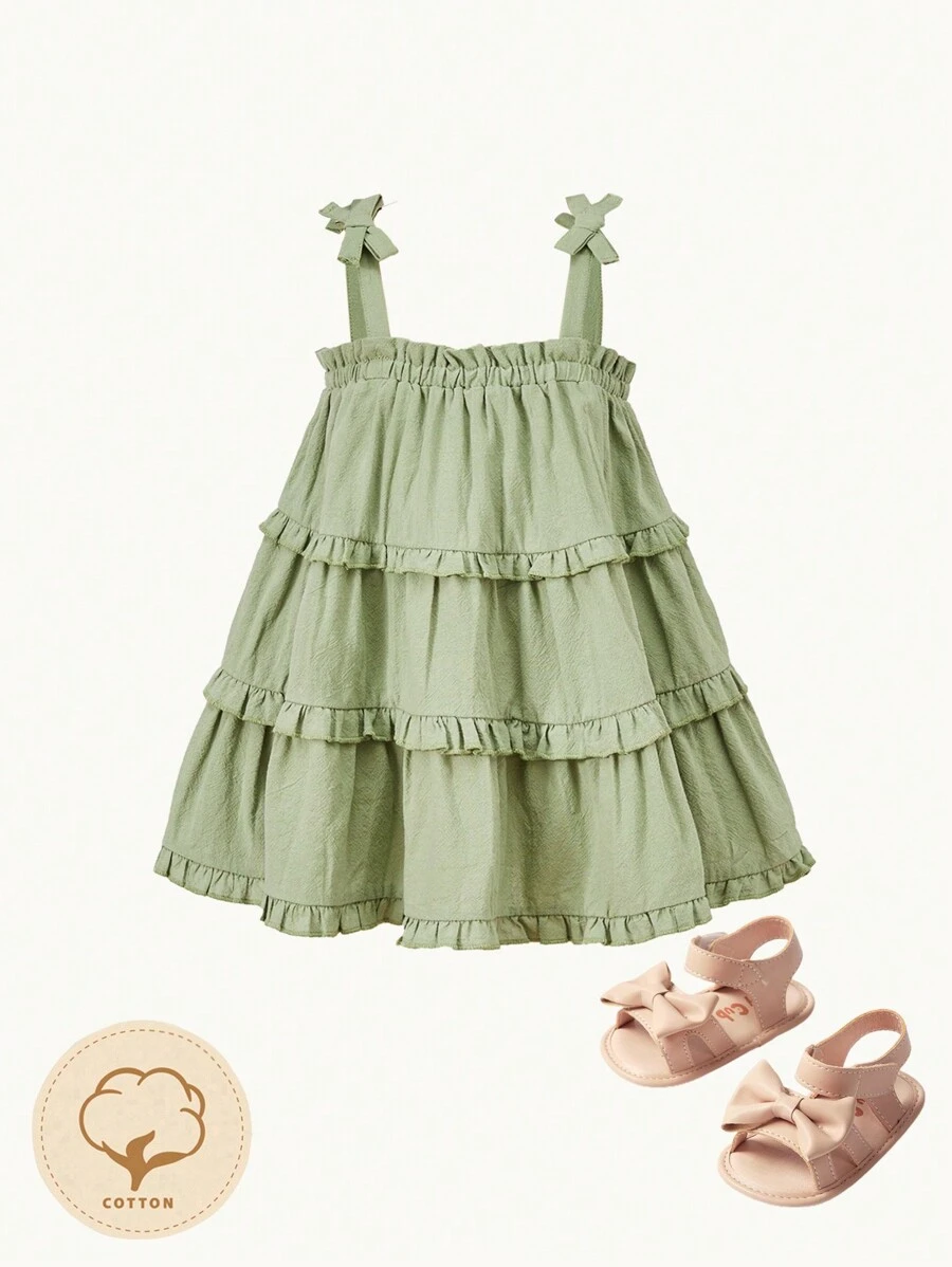 Cozy Pixies Baby Girl Bow Detail Ruffle Trim Layer Hem Cami Dress - Mint Green - View 1