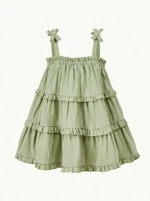 Cozy Pixies Baby Girl Bow Detail Ruffle Trim Layer Hem Cami Dress - Mint Green - View 3