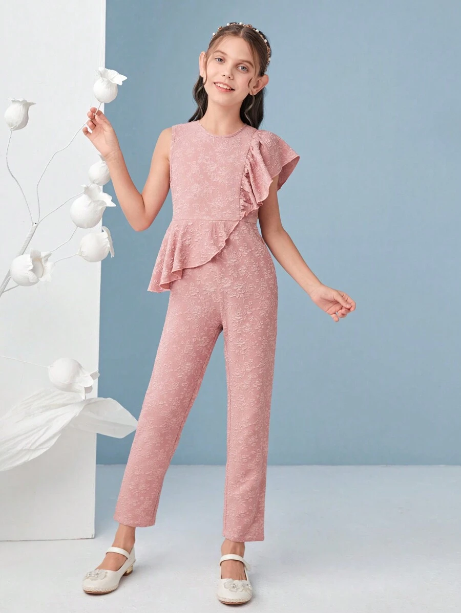 SHEIN Girls 1pc Ruffle Trim Jacquard Jumpsuit - Dusty Pink - View 1