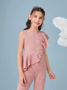 SHEIN Girls 1pc Ruffle Trim Jacquard Jumpsuit - Dusty Pink - View 2