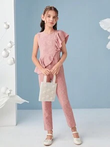 SHEIN Girls 1pc Ruffle Trim Jacquard Jumpsuit - Dusty Pink - View 4