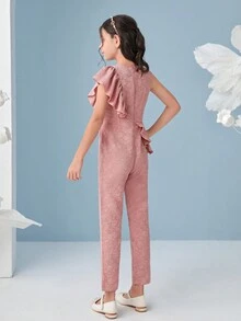 SHEIN Girls 1pc Ruffle Trim Jacquard Jumpsuit - Dusty Pink - View 5