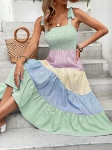 SHEIN VCAY Đầm Thắt nút Viên lá sen Dải chun Khối Màu Boho - Nhiều màu - Xem 1