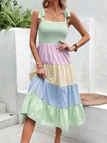 SHEIN VCAY Đầm Thắt nút Viên lá sen Dải chun Khối Màu Boho - Nhiều màu - Xem 6